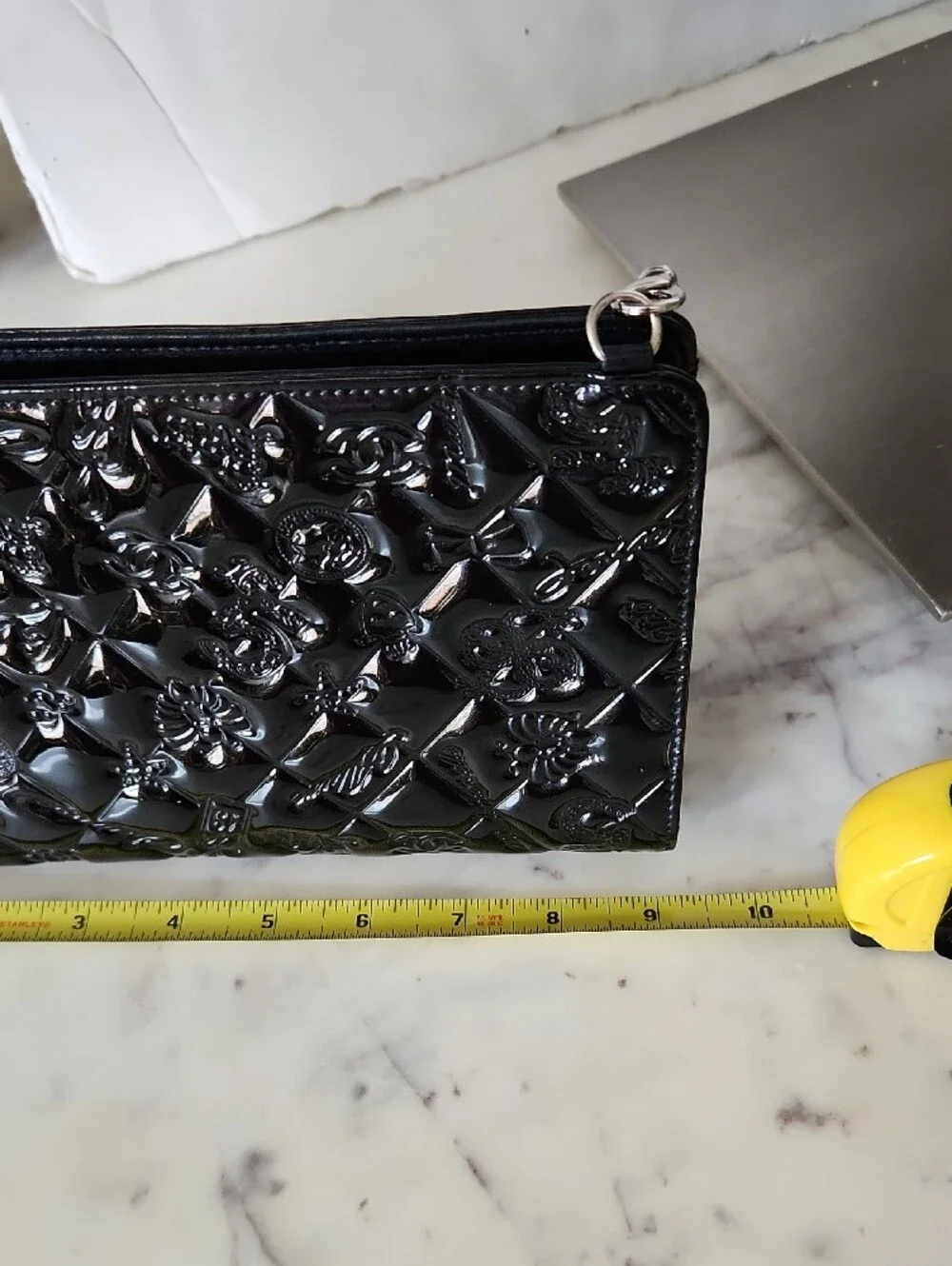 CHANEL Black Patent Quilted Floral Chain Wristlet